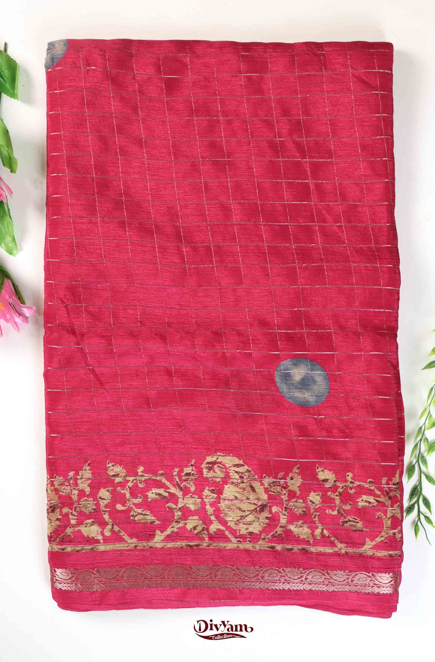 DC225 | Premium Chinon Crêpe Saree with Jari Checks & Floral Accents