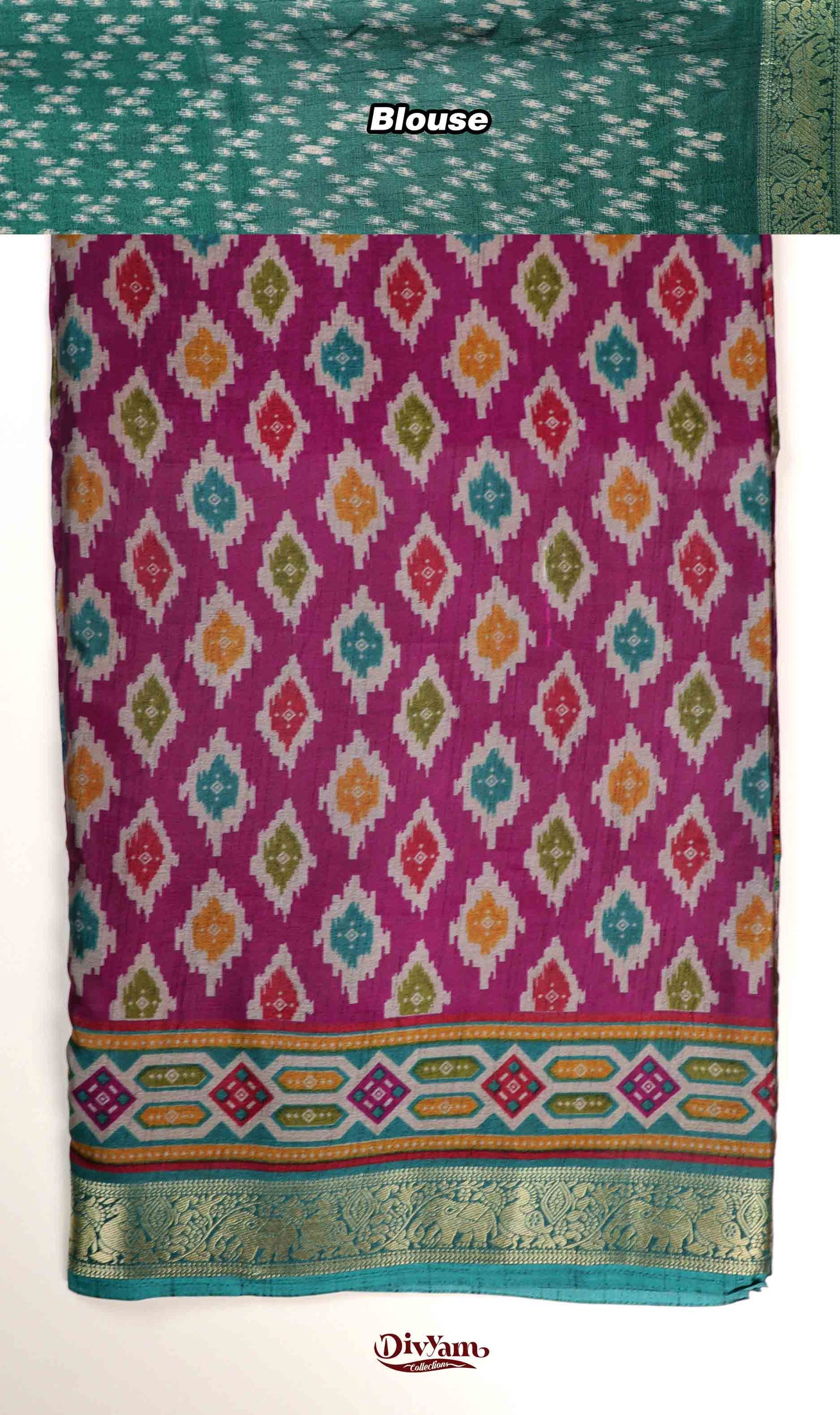 DC230 | Maheswari Silk Saree with Ikat Print & Pichwai Zari Border