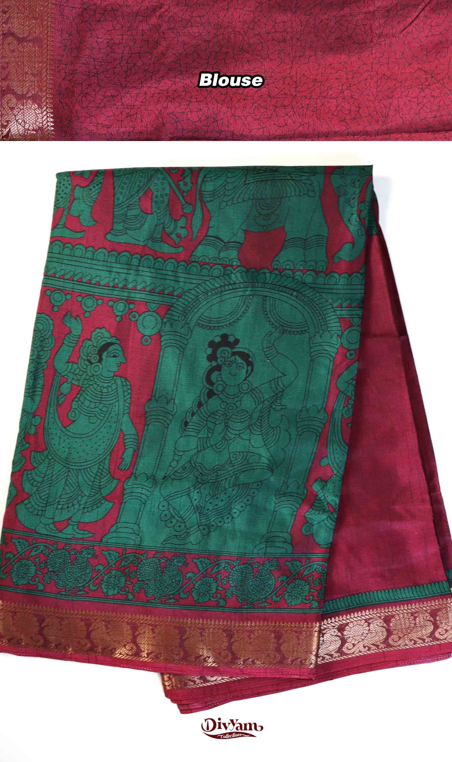 DC199 | Maheshwari Silk Pen Kalamkari Saree with Contrast Colours & Narayanpet Border