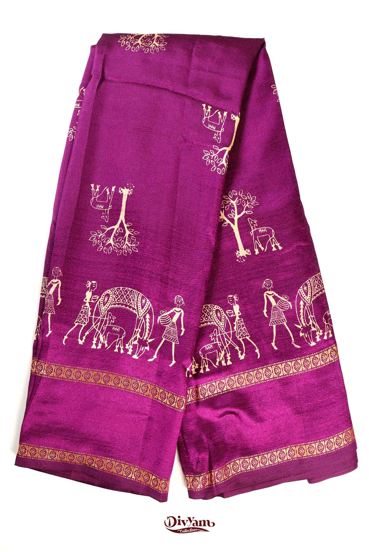 DC232 | Fancy Soft Silk Saree with Warli Adivasi Design & Zari Gap Border