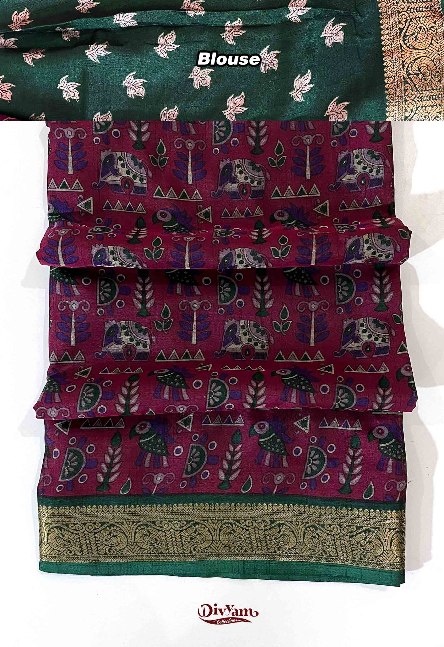 DC277 | Maheshwari Silk Saree with Kalamkari Animal Print & Rich Jari Border