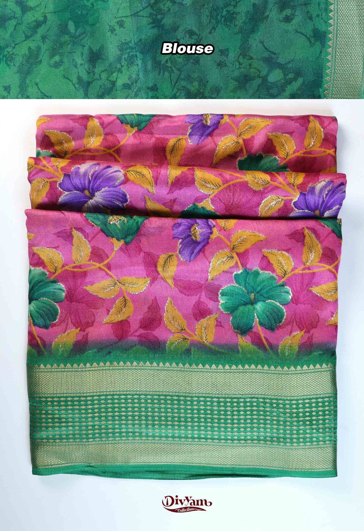 DC276 | Dull Moss Georgette Saree with Floral Print & Glitter Highlights