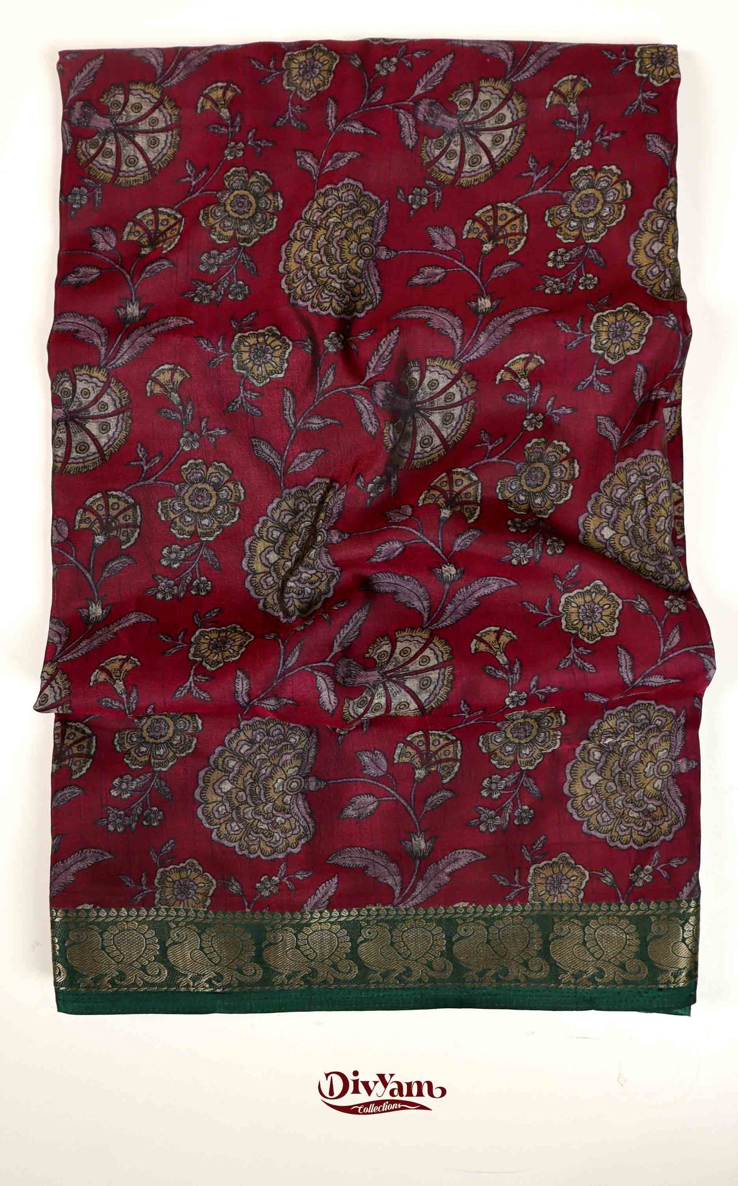 DC149| Maheshwari Silk Saree with Narayanapet & Hamsa Jari Border | Kalamkari Floral Print Saree