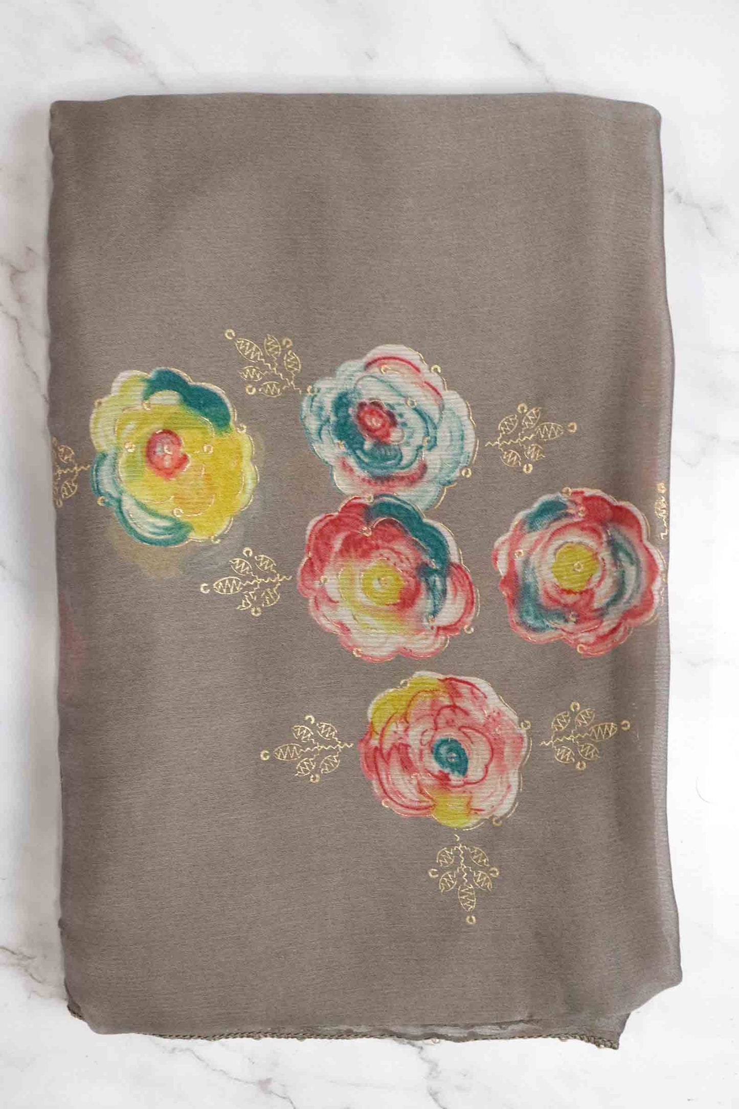 DCCH50 | Dusky Purple Pure Chiffon Saree with Floral Print & Beaded Border | Pastel Sophistication