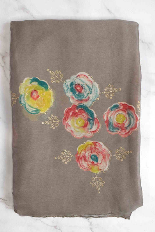 DCCH50 | Dusky Purple Pure Chiffon Saree with Floral Print & Beaded Border | Pastel Sophistication