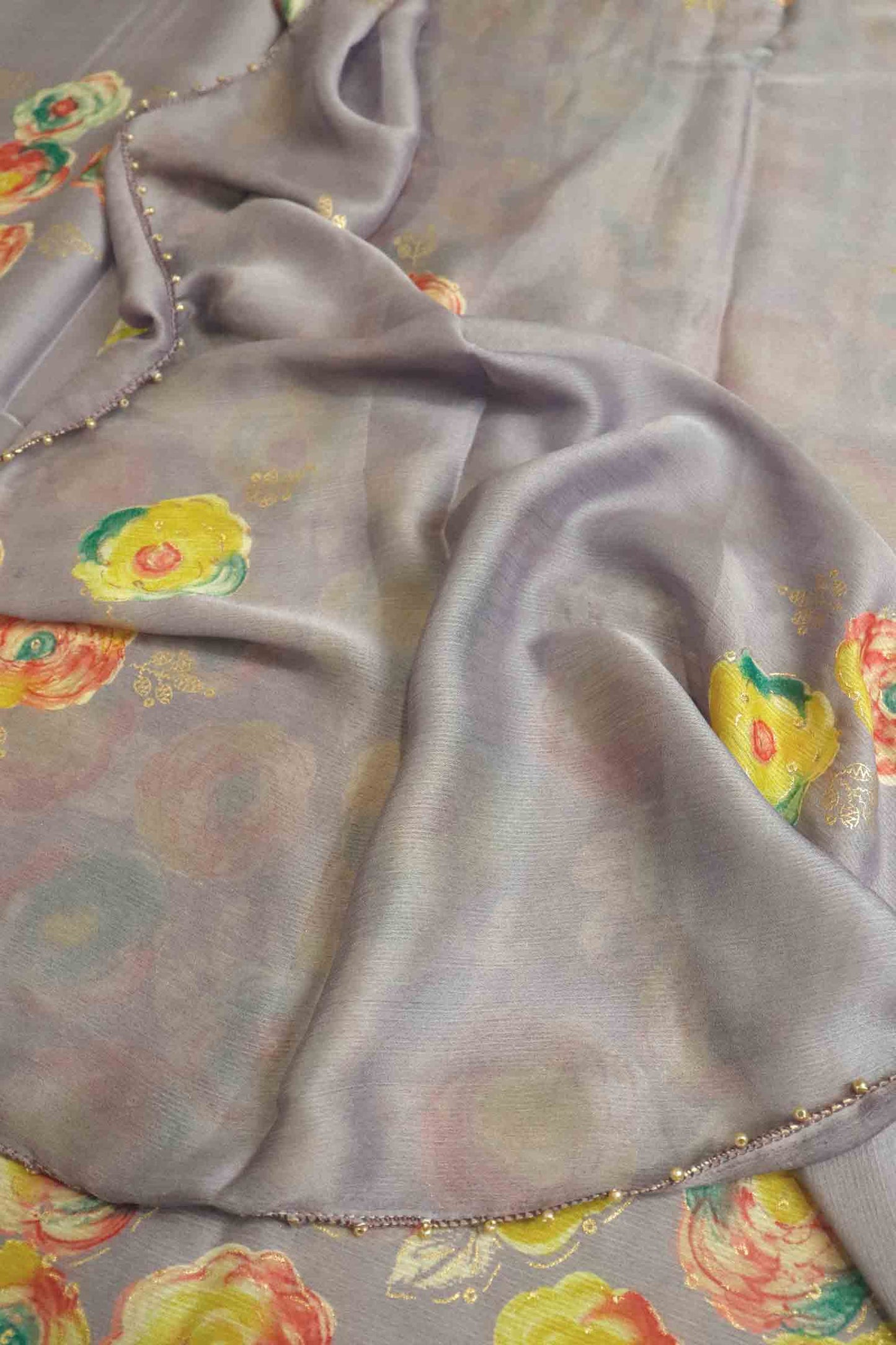 DCCH50 | Dusky Purple Pure Chiffon Saree with Floral Print & Beaded Border | Pastel Sophistication
