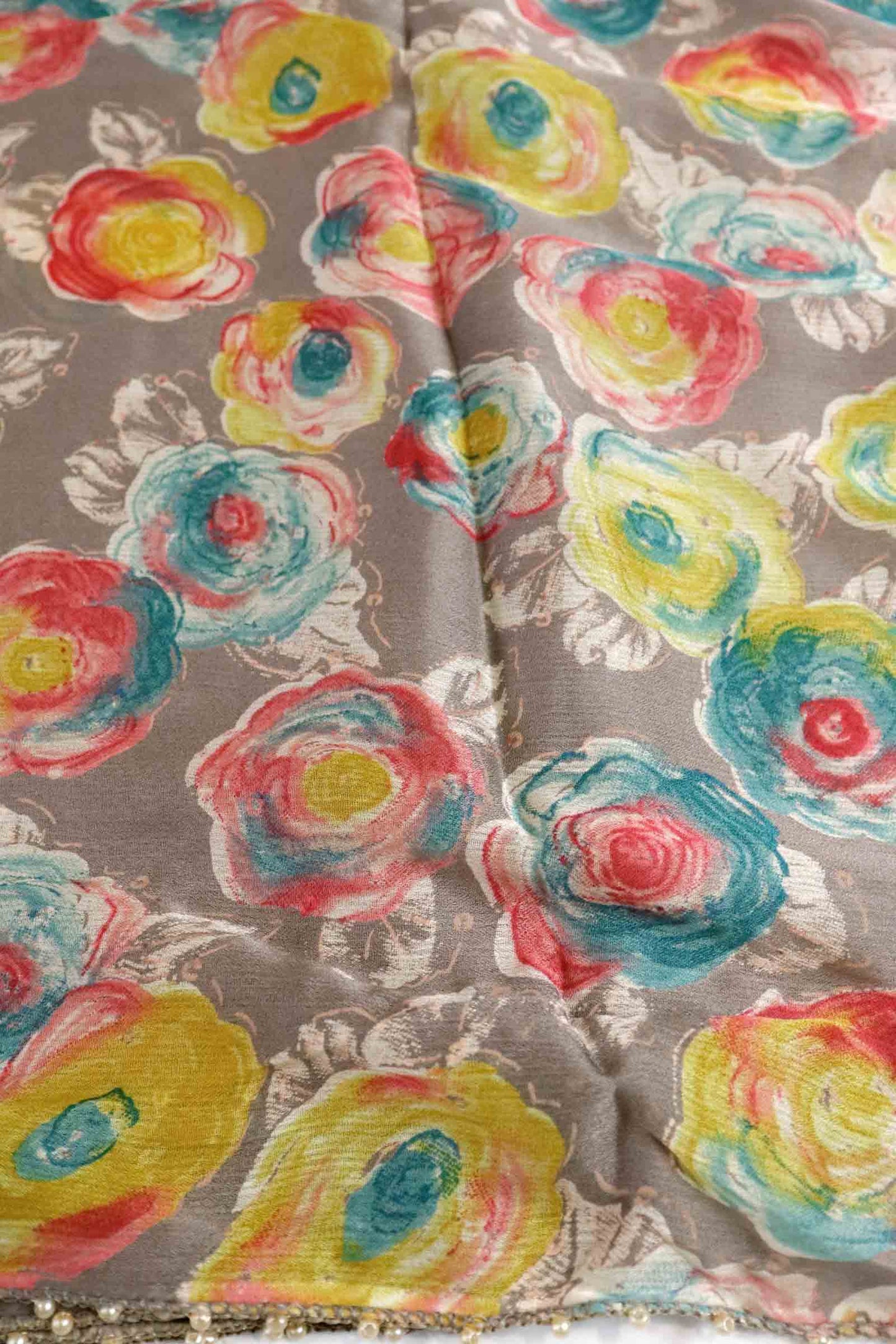 DCCH50 | Dusky Purple Pure Chiffon Saree with Floral Print & Beaded Border | Pastel Sophistication