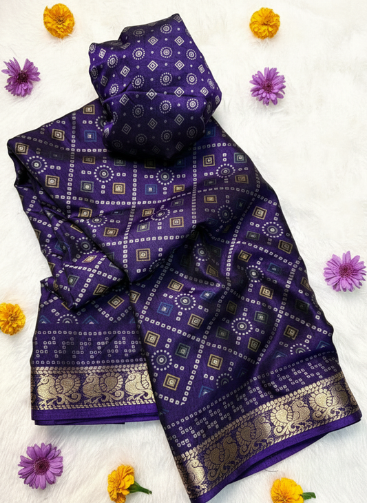 DC115 Maheshwari Silk Saree with Bandhani Print & Narayanapattu Hamsa Border | Running Blouse | 6 Colours