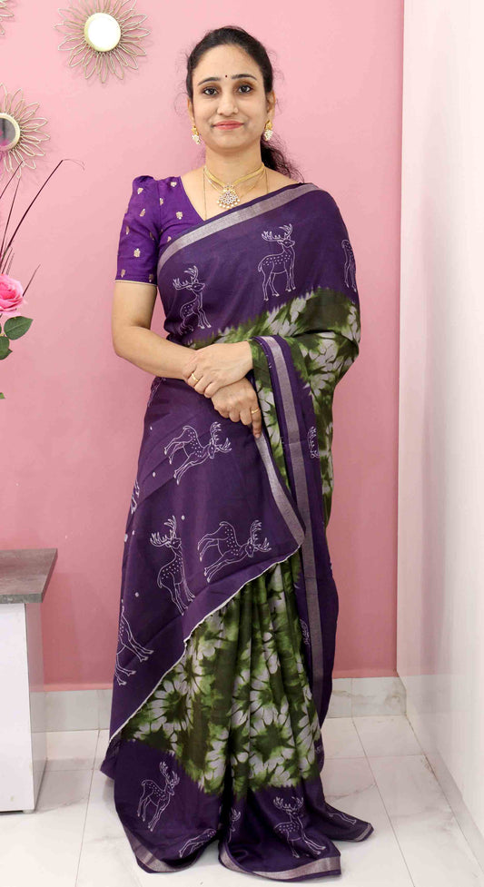 DC131 Shiny Cotton Muslin Batik Print Saree with Deer Motifs | Running Blouse | 6 Colours
