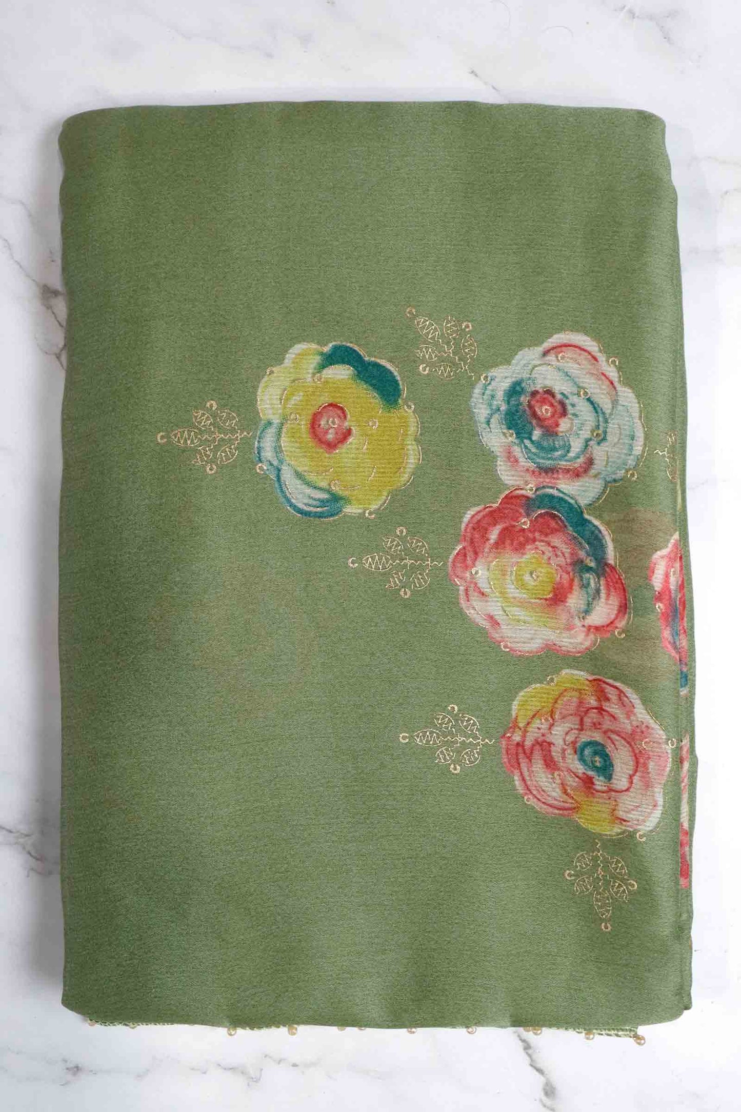DCCH49 | Mehandi Green Pure Chiffon Saree with Floral Print & Beaded Border | Subtle Pastel Style