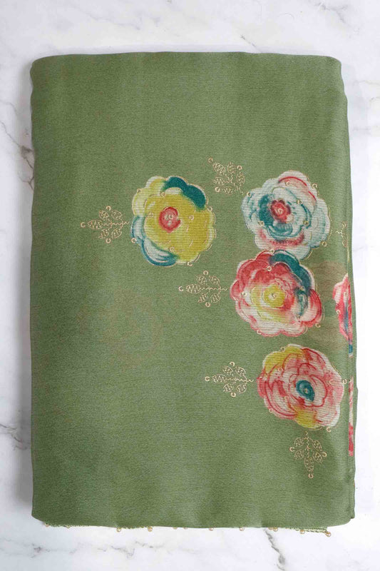 DCCH49 | Mehandi Green Pure Chiffon Saree with Floral Print & Beaded Border | Subtle Pastel Style