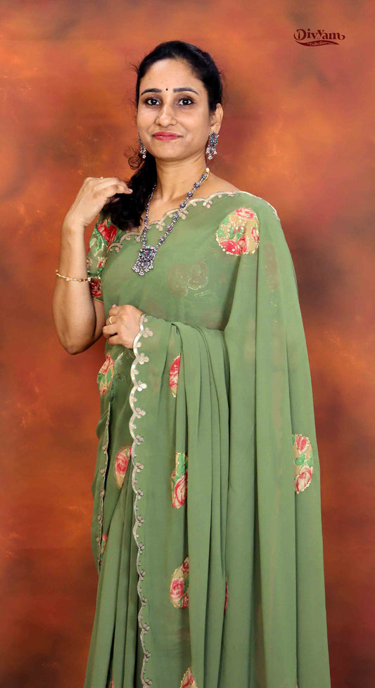 DC202 | Pure Chiffon Floral Print Saree with Cut work Border