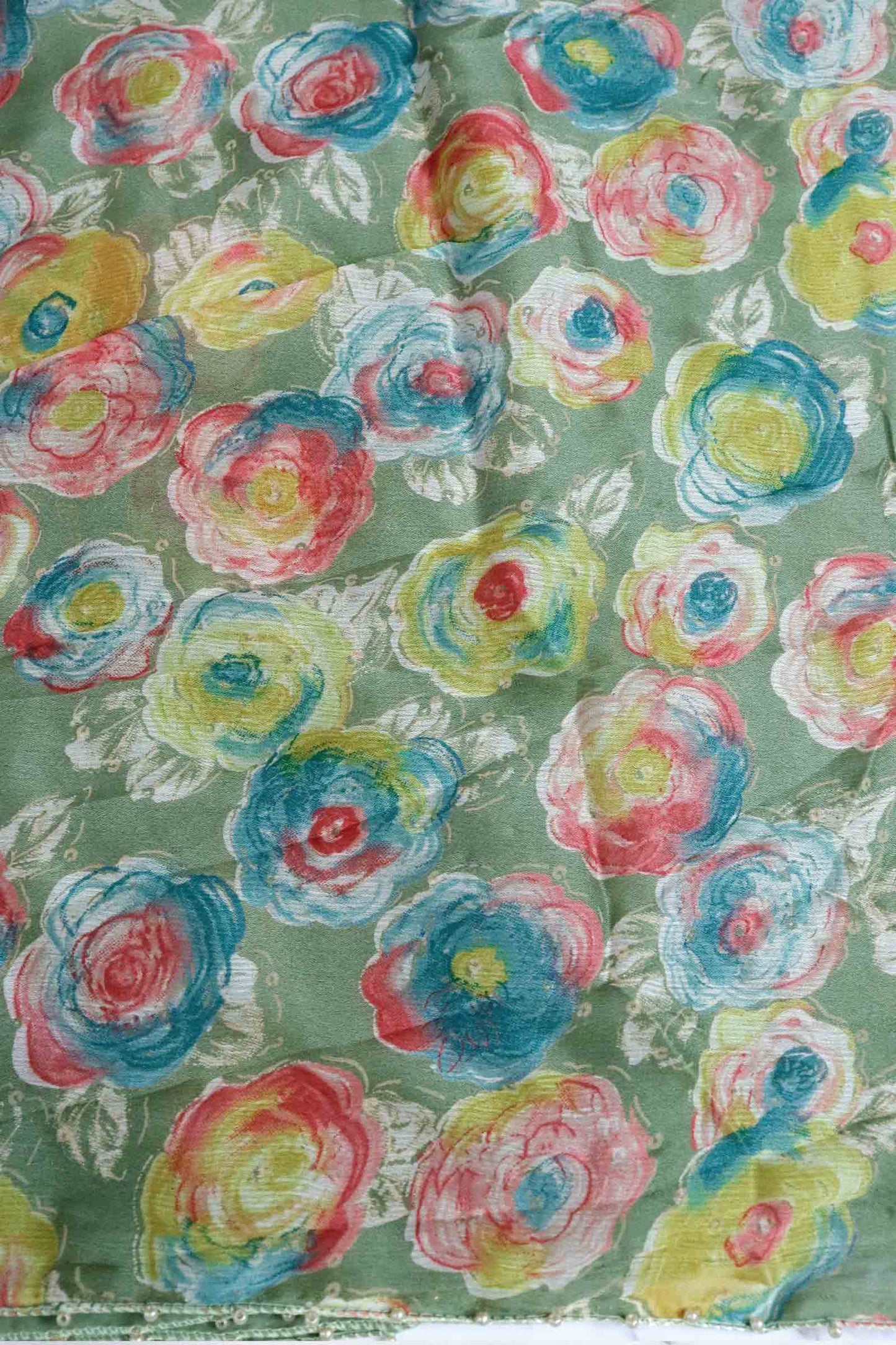 DCCH49 | Mehandi Green Pure Chiffon Saree with Floral Print & Beaded Border | Subtle Pastel Style