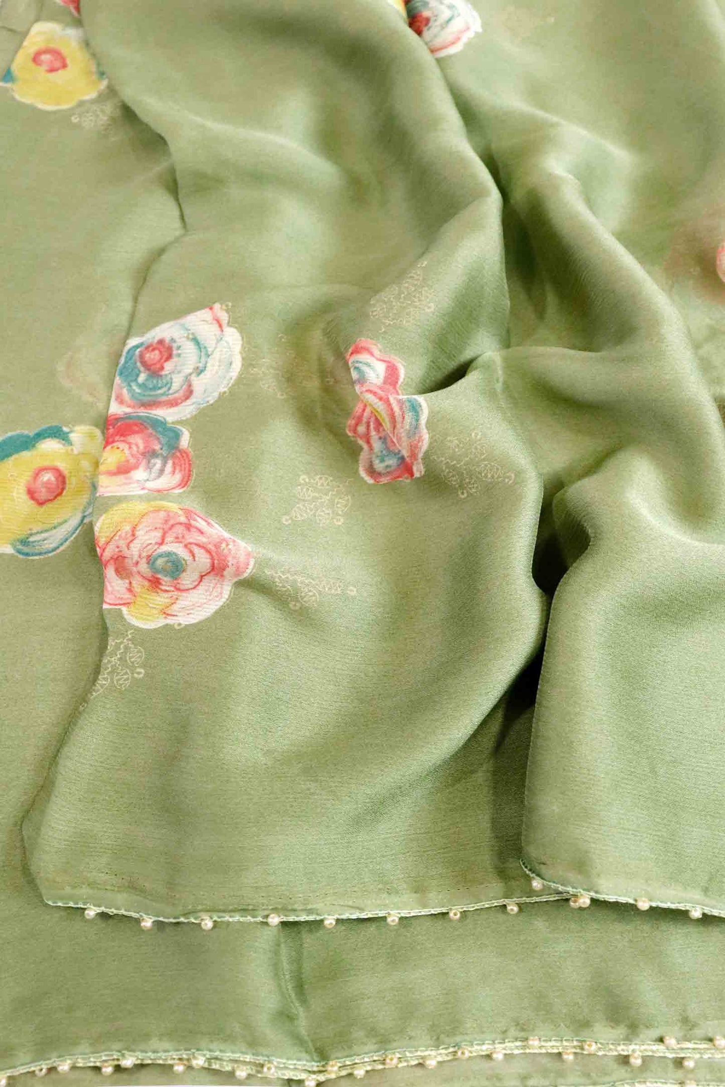 DCCH49 | Mehandi Green Pure Chiffon Saree with Floral Print & Beaded Border | Subtle Pastel Style