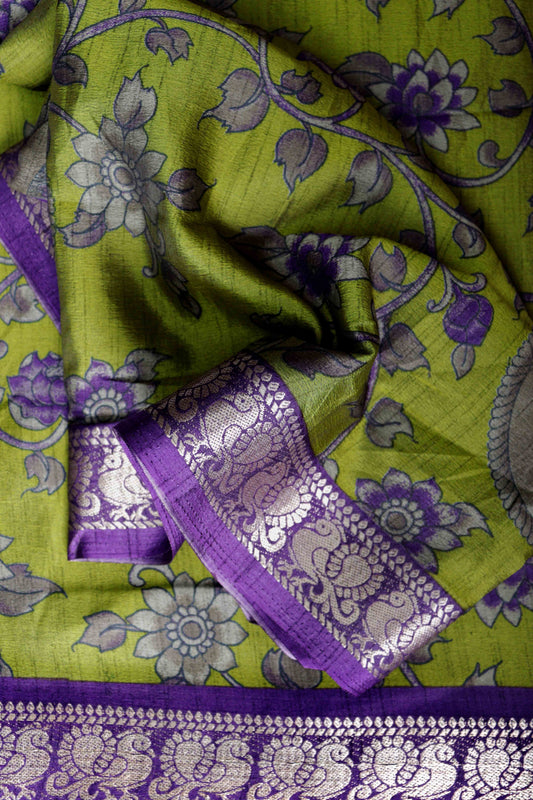 II Maheshwari Silk Saree with Narayana Pattu Border – Green with Purple Border
