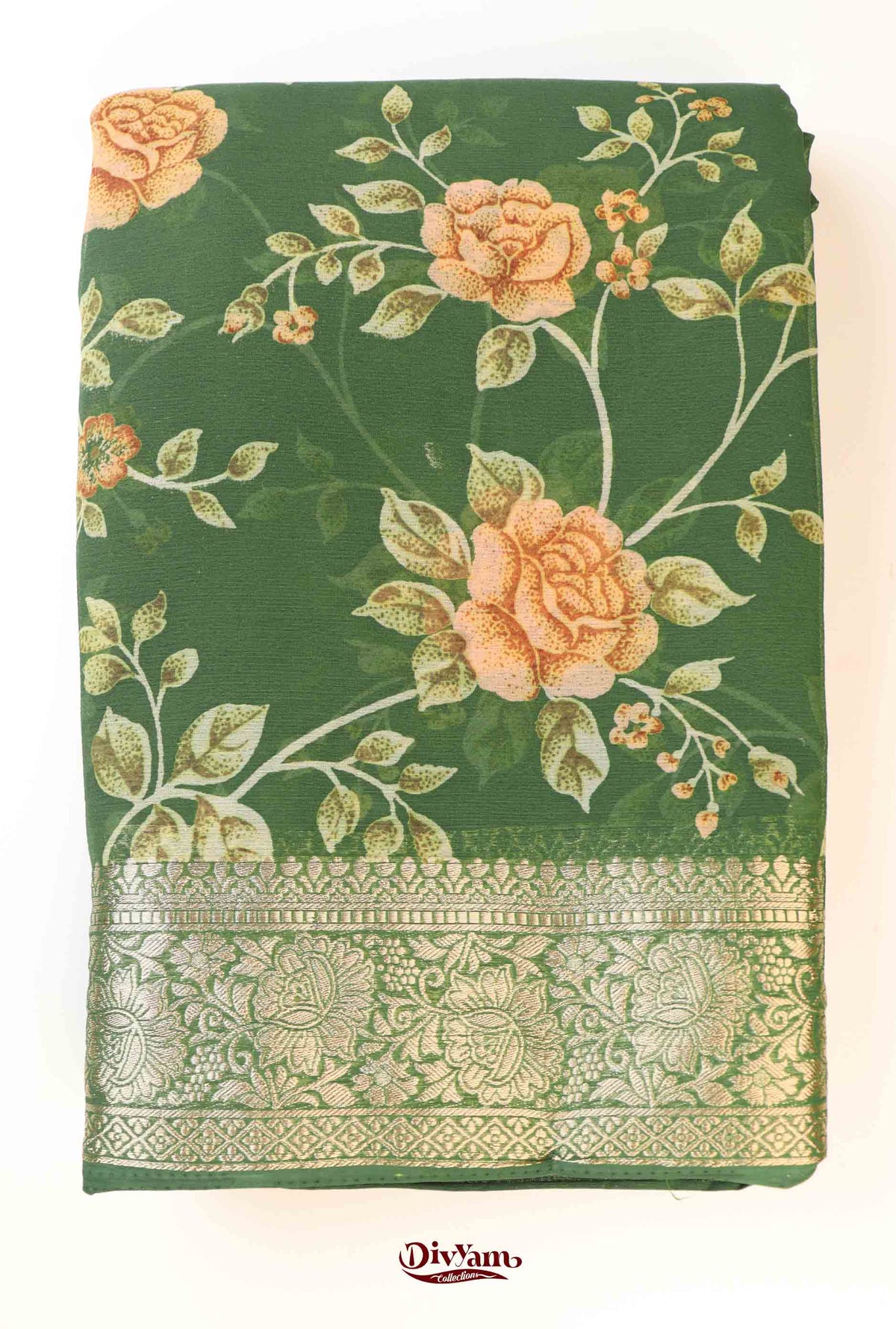 DC278 | Premium Chiffon Saree with Rose Floral Print & Rich Jari Border