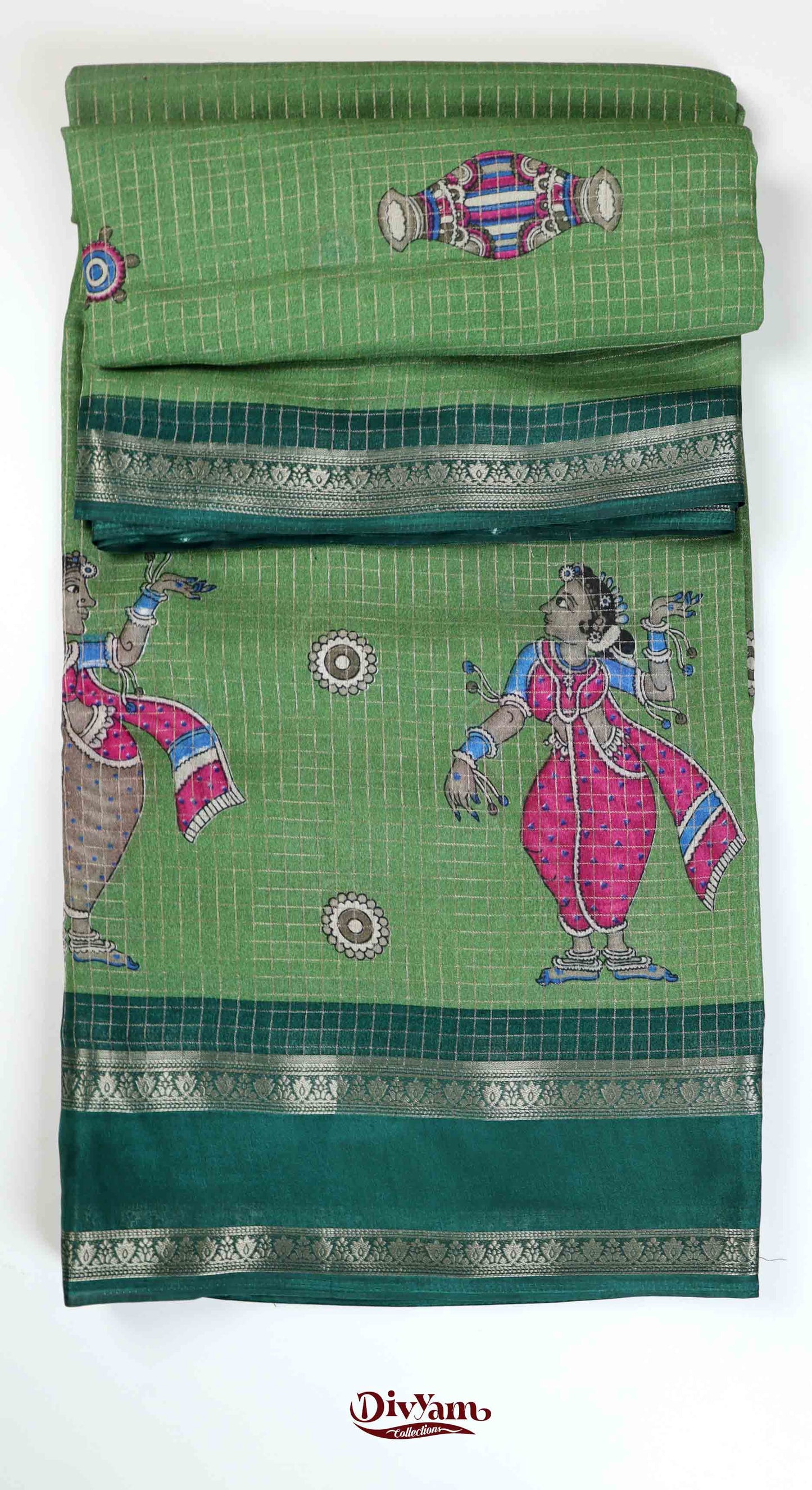 DC148 | Fancy georgette Silk Pattachitra Saree with Dancing Women Motifs & Premium Gap Border
