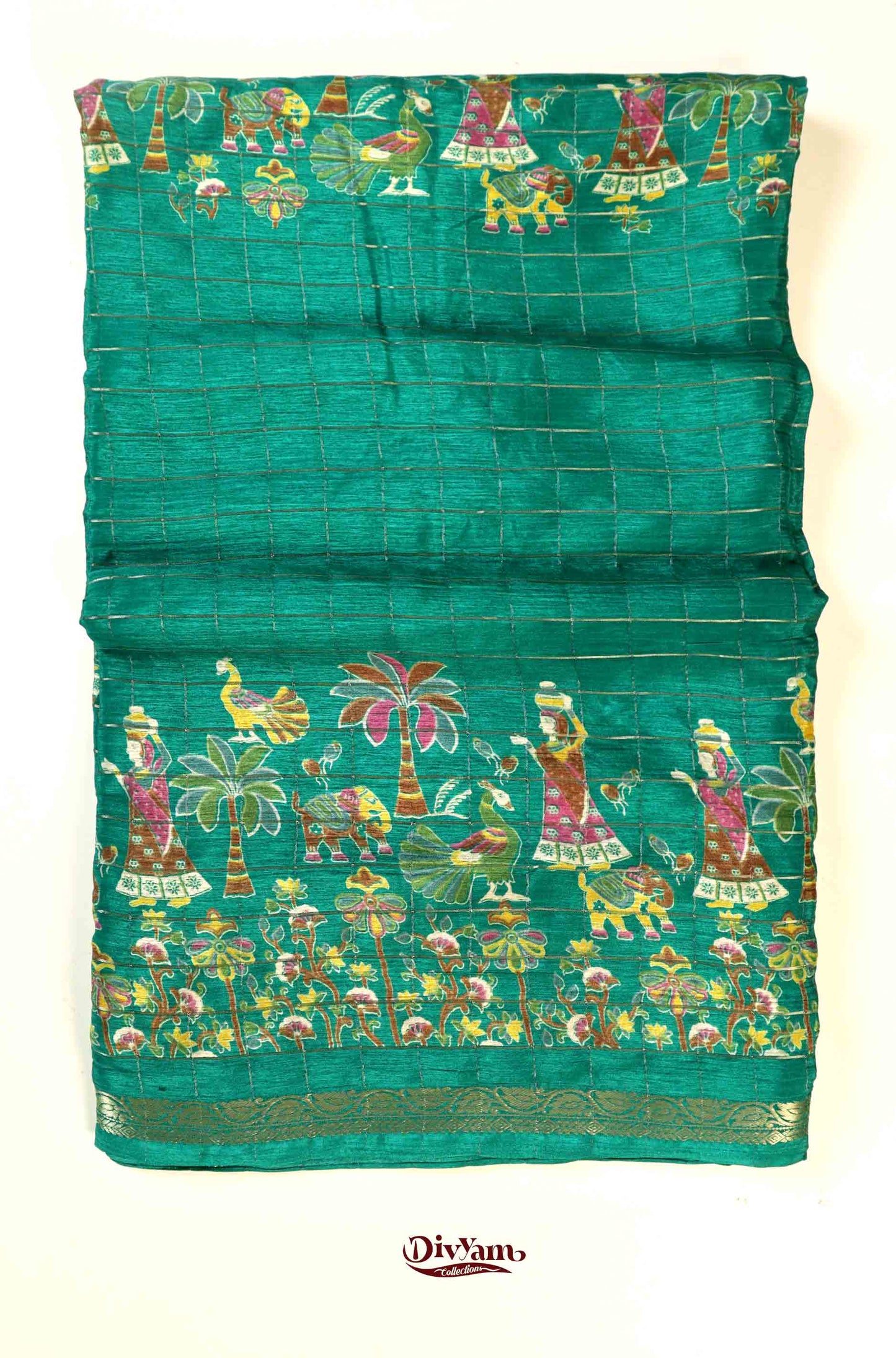 DC177 | Premium Chinon Crêpe Pattachitra Hand-Painted Saree with Jari Checks & Floral Accents