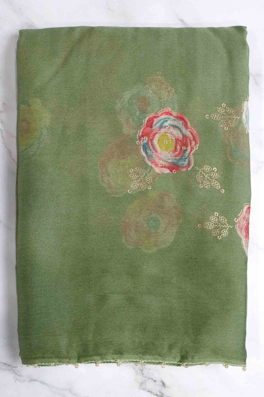 DCCH49 | Mehandi Green Pure Chiffon Saree with Floral Print & Beaded Border | Subtle Pastel Style