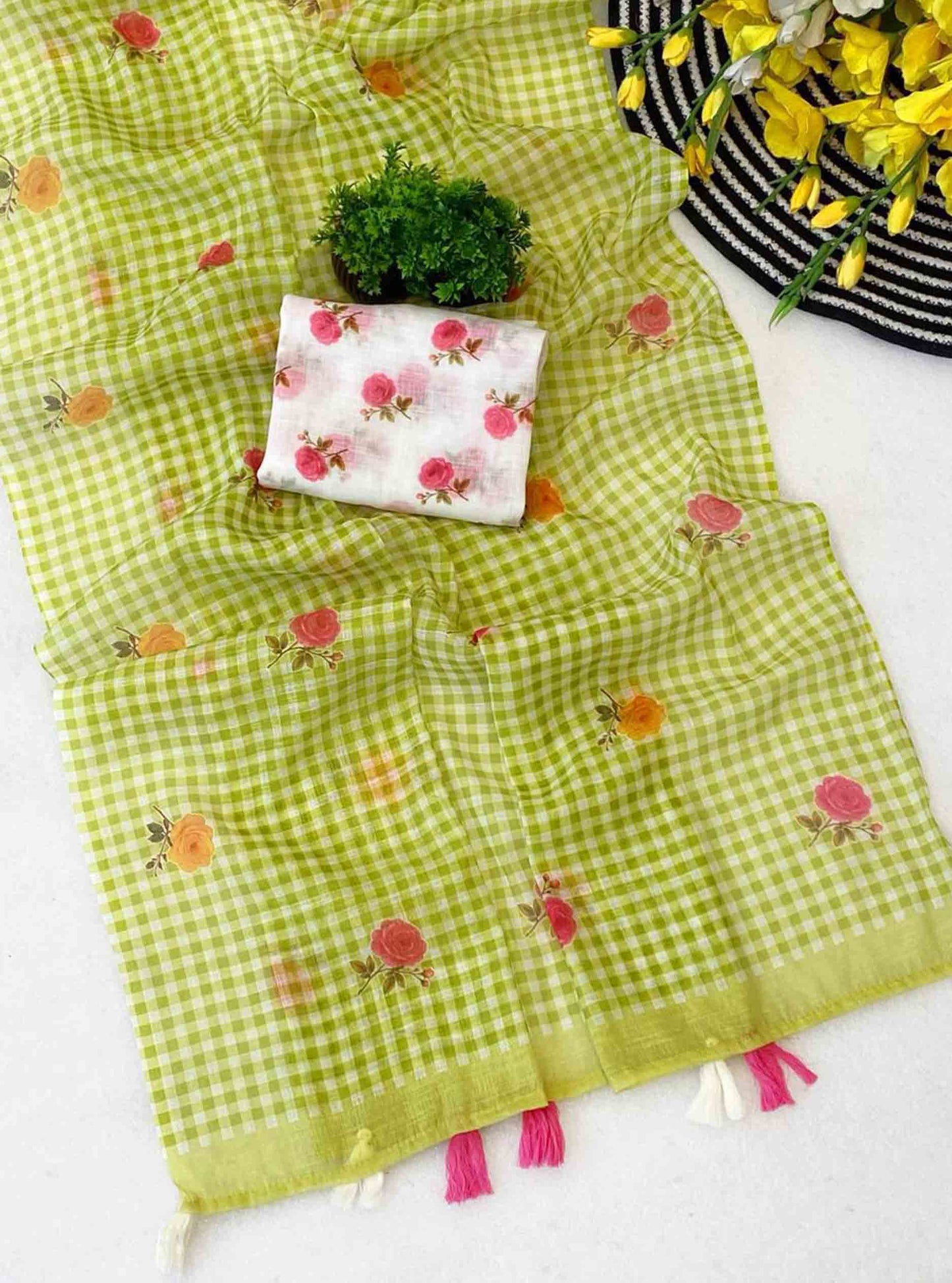 DC178 | Jute Linen Checks Saree with Floral Motifs & Printed White Blouse | Trending Collection