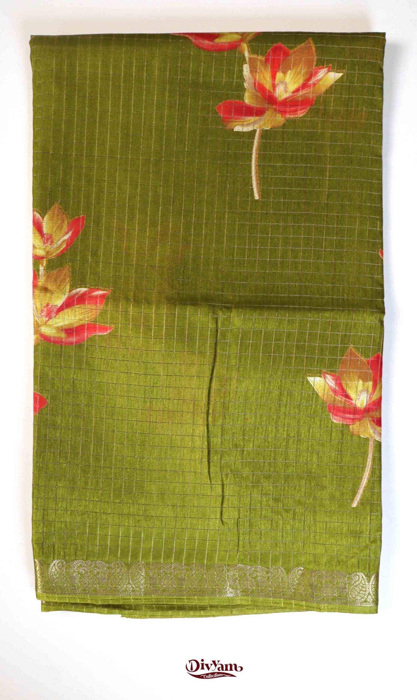 DC183 | Mangalagiri-Inspired Style | Dola Silk Jari Checks Saree with Floral Print & Running Blouse