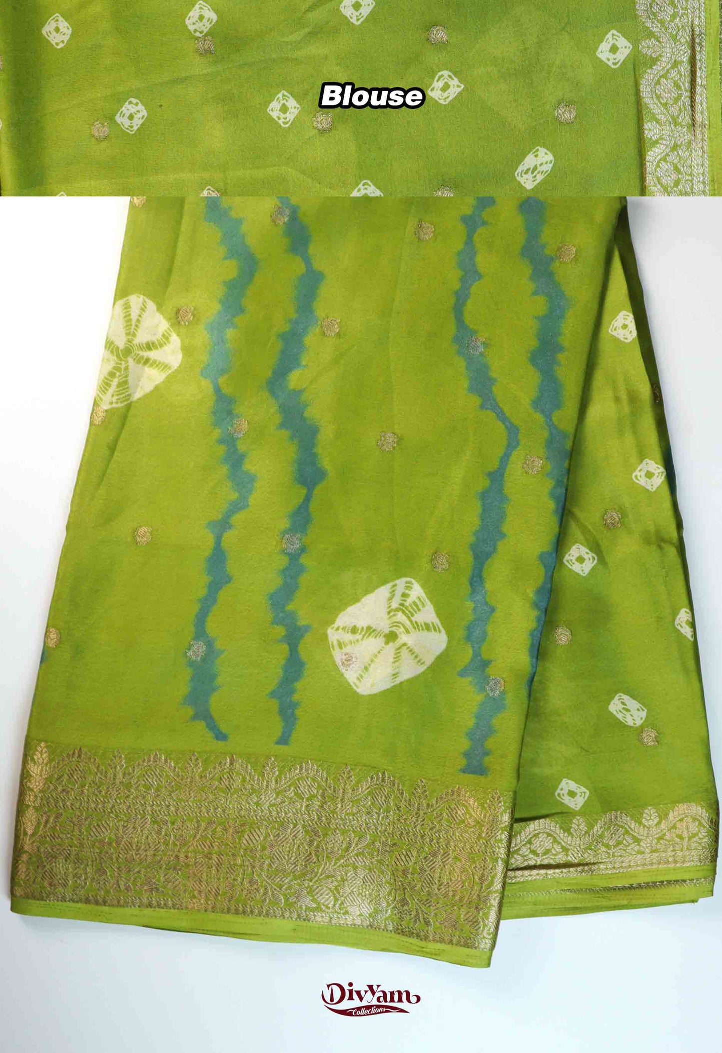 DC275 | Soft Chinon Crepe Silk Saree with Bandhini Shibori Design & Gold Zari Border