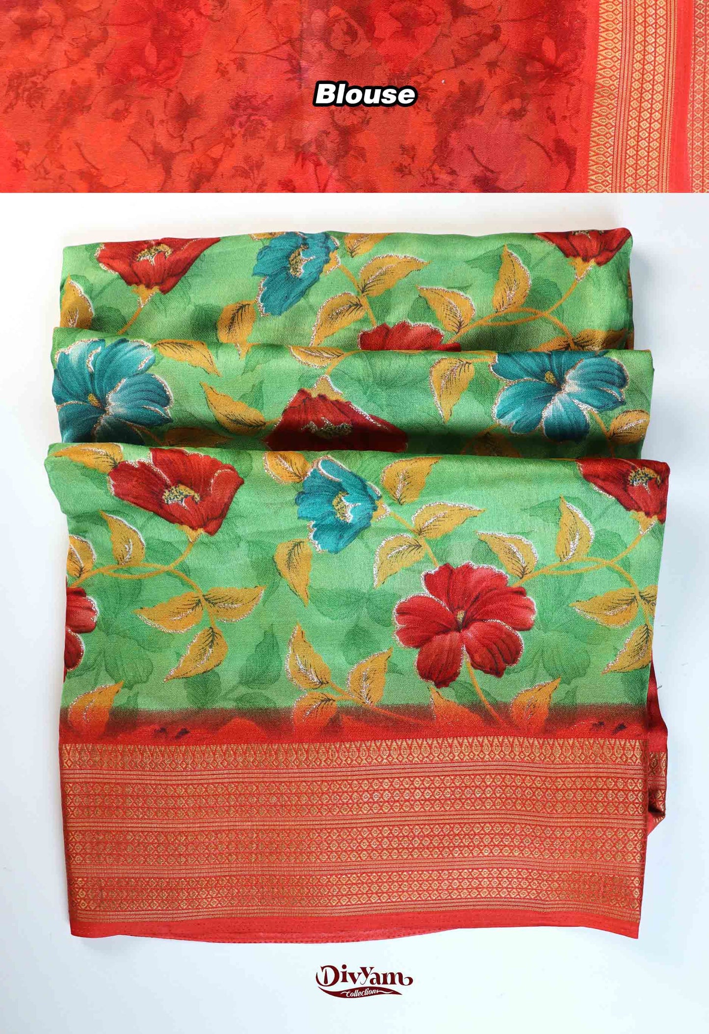 DC276 | Dull Moss Georgette Saree with Floral Print & Glitter Highlights