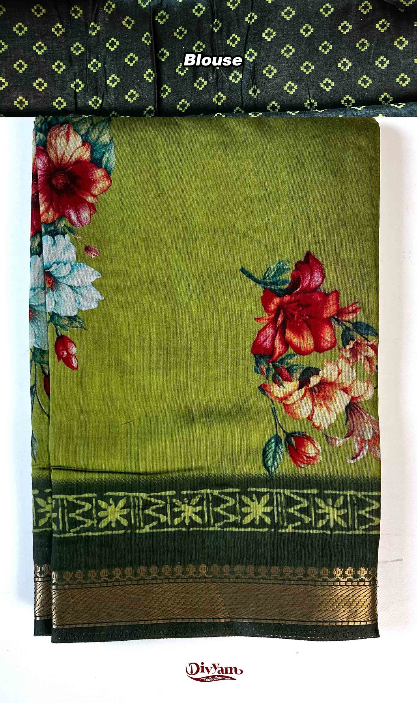 DC192 | Premium Maheshwari Silk Floral Print Saree with Nizampet Border & Contrast Blouse