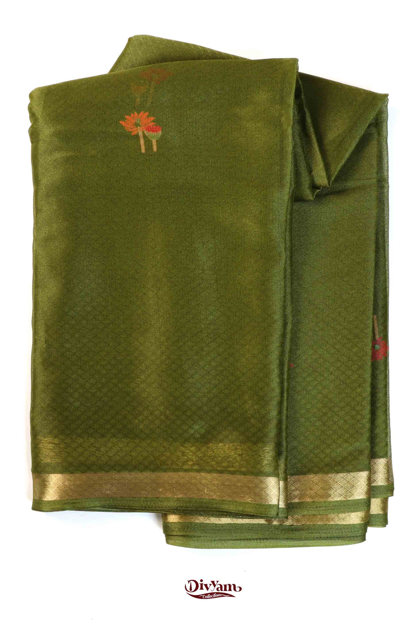 DC207 | Glass Silk Saree with Floral Motifs & Leaf Pallu Design