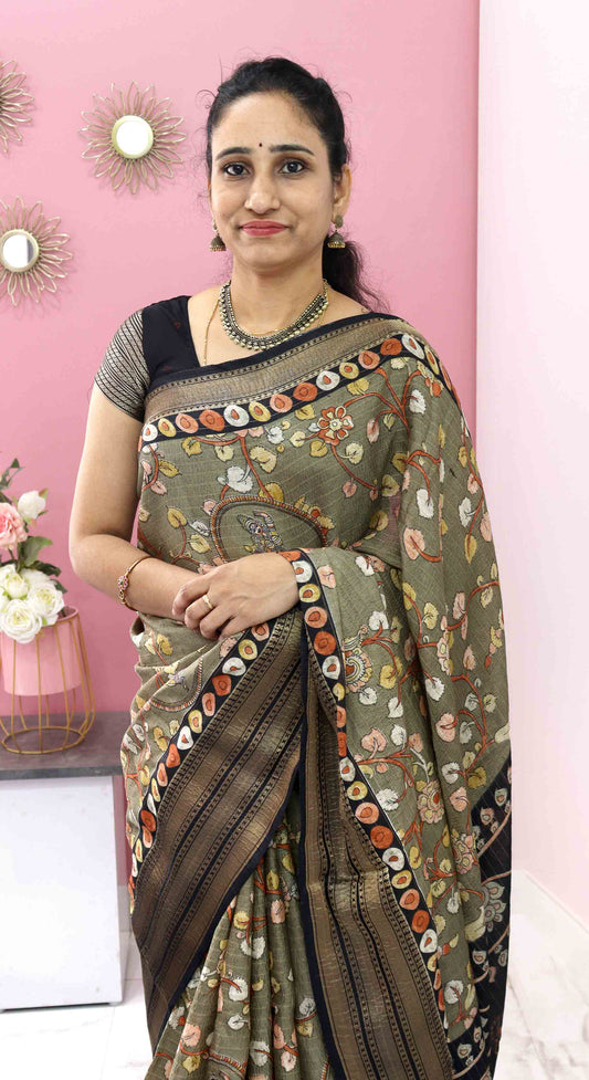 DC129 | Fancy Crushed Silk Kalamkaari Saree with Golden Zari Triple Border | Running Blouse