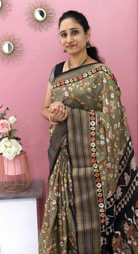 DC129 | Fancy Crushed Silk Kalamkaari Saree with Golden Zari Triple Border | Running Blouse