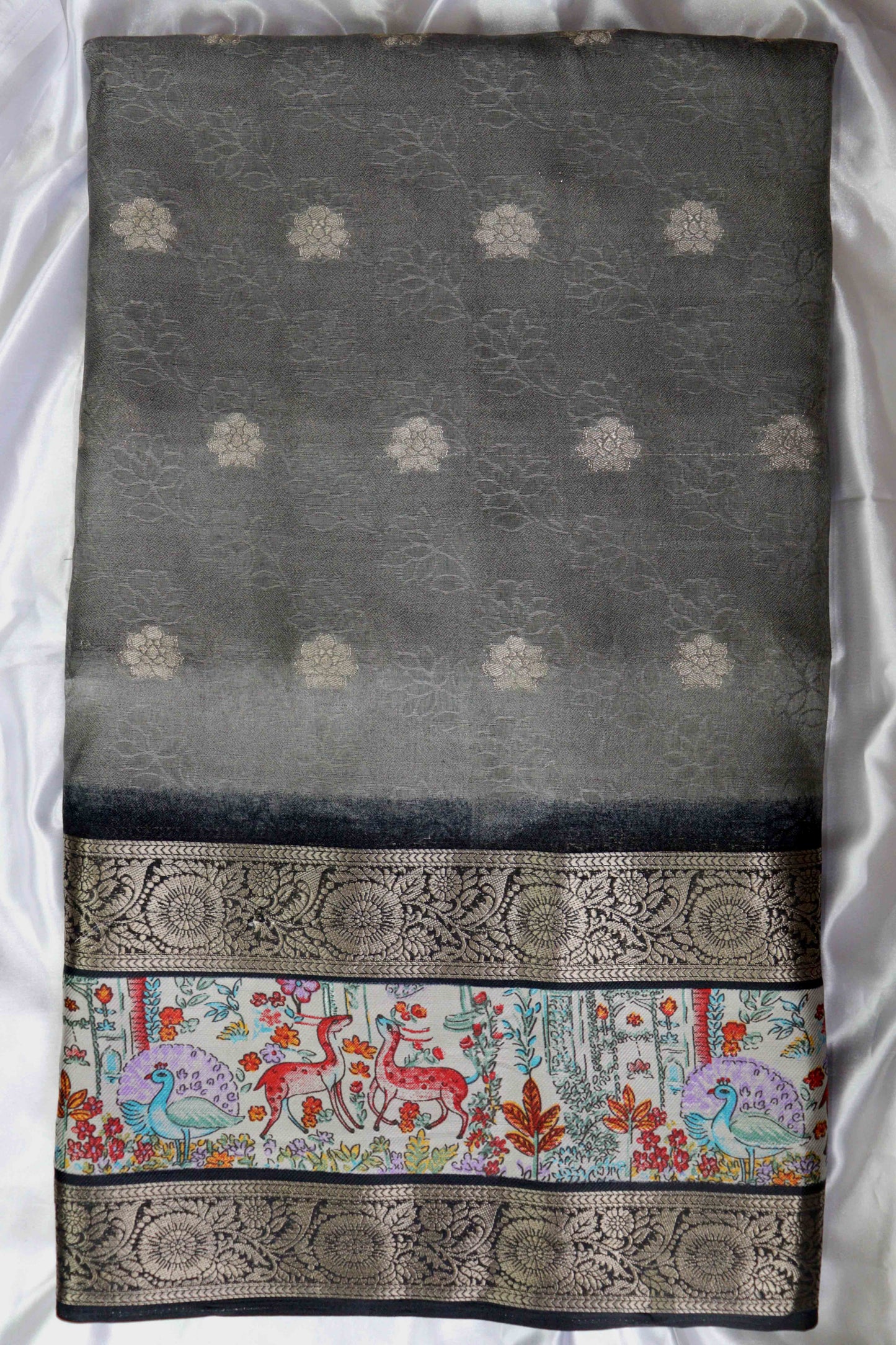 Grey Designer Silk Saree – Double Border with Pichwai Print