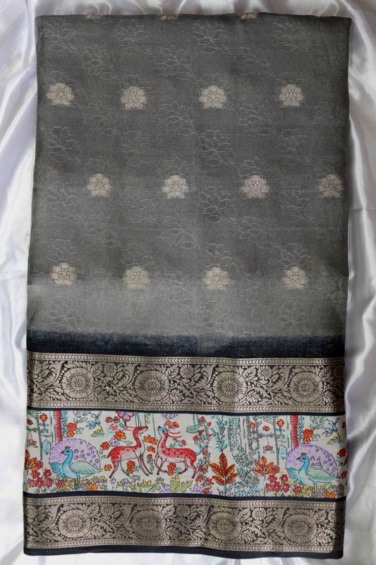Grey Designer Silk Saree – Double Border with Pichwai Print