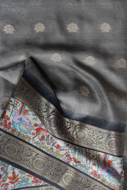 Grey Designer Silk Saree – Double Border with Pichwai Print