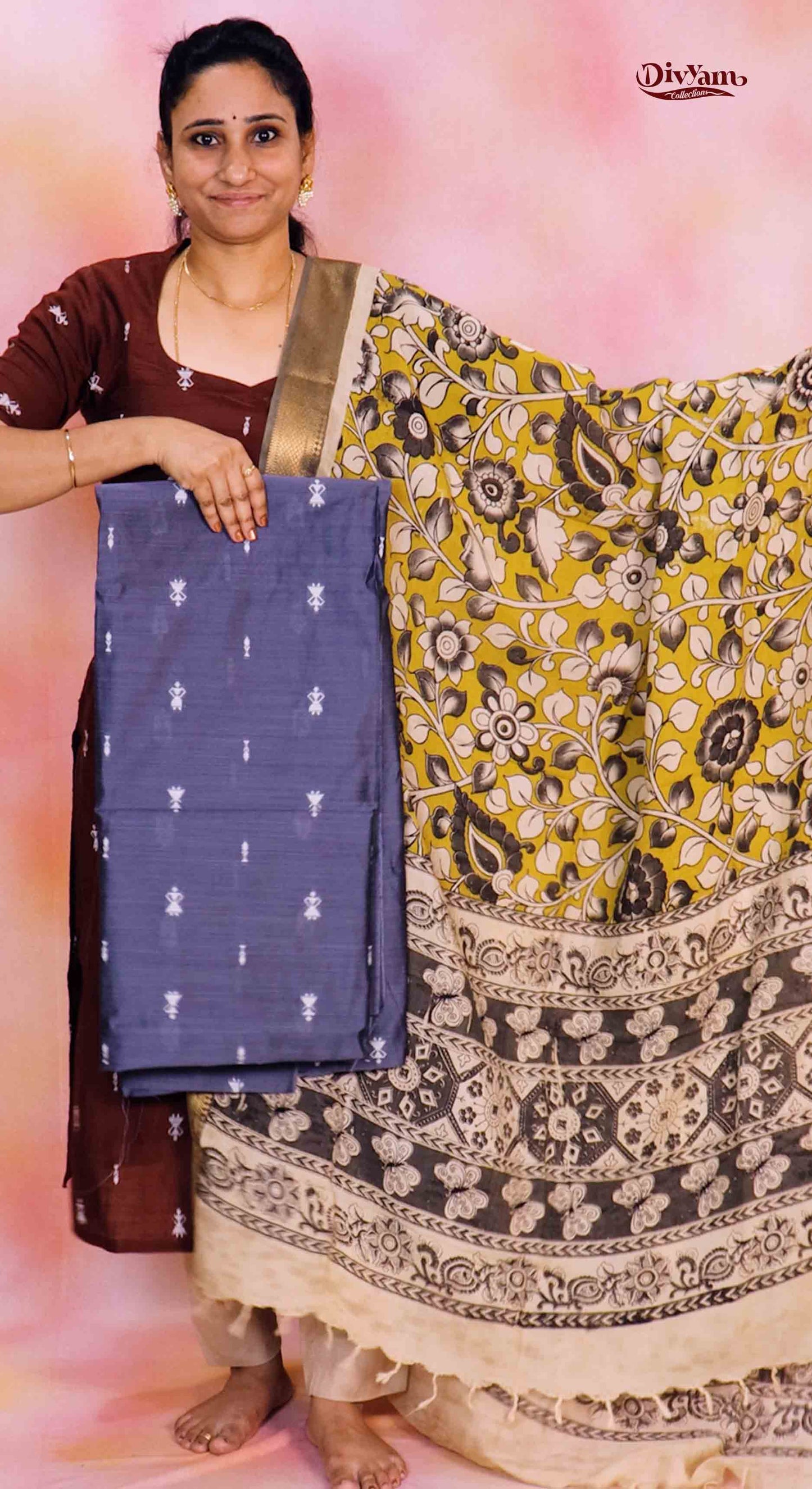 DC237 | Raw Silk Dress Material with Chennuri Silk Kalamkari Dupatta & Original Nizam Border