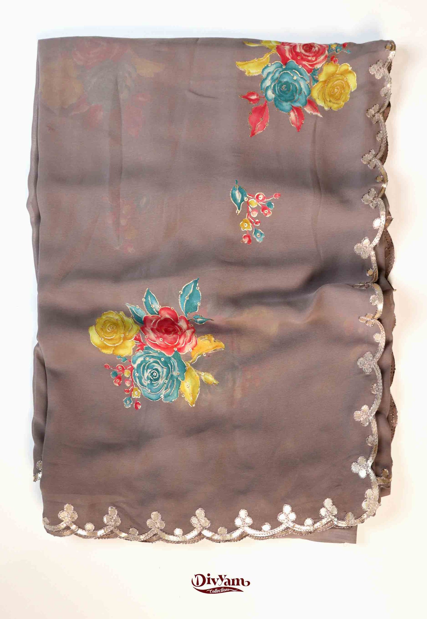 DC202 | Pure Chiffon Floral Print Saree with Cut work Border