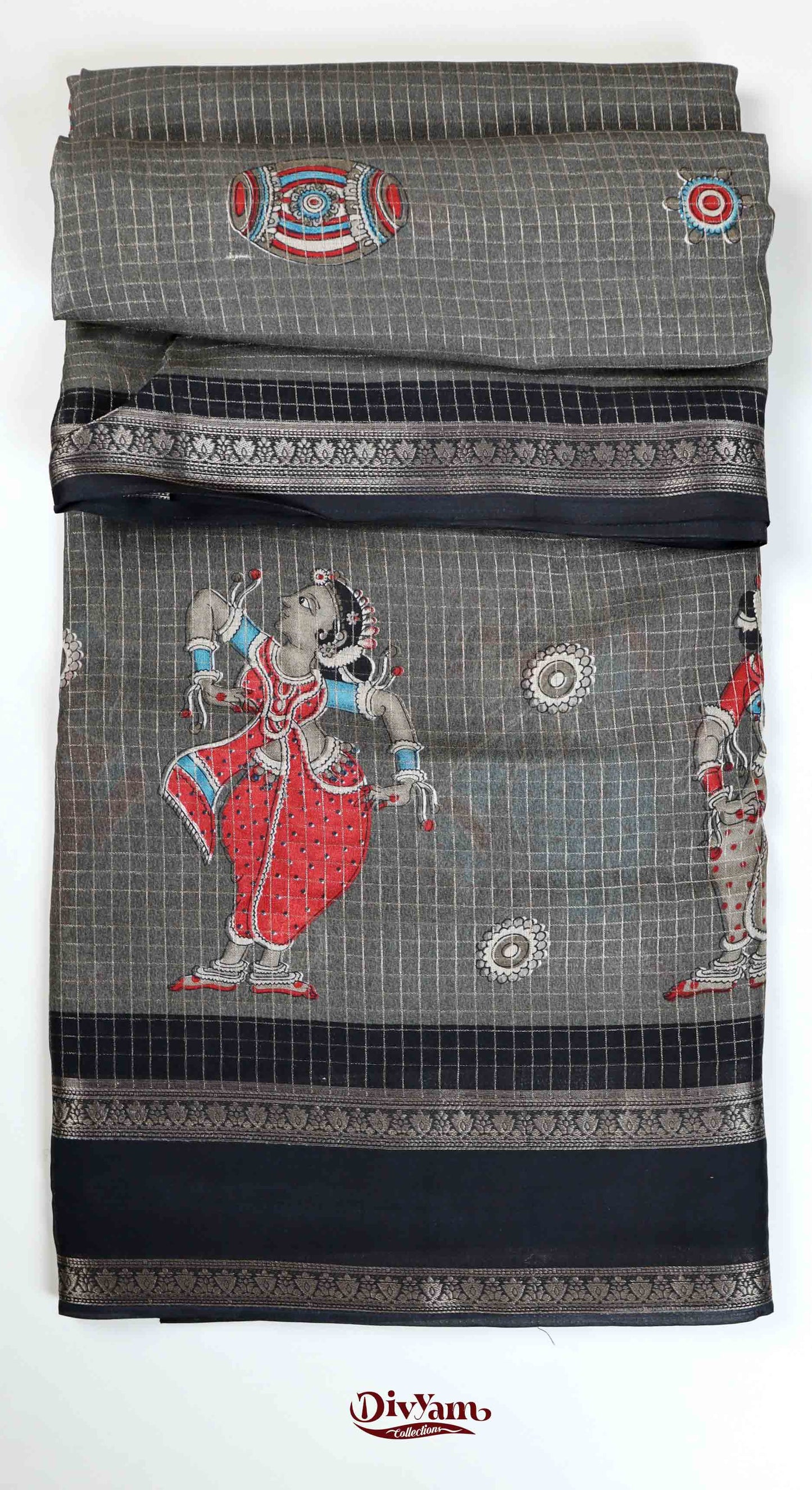 DC148 | Fancy georgette Silk Pattachitra Saree with Dancing Women Motifs & Premium Gap Border