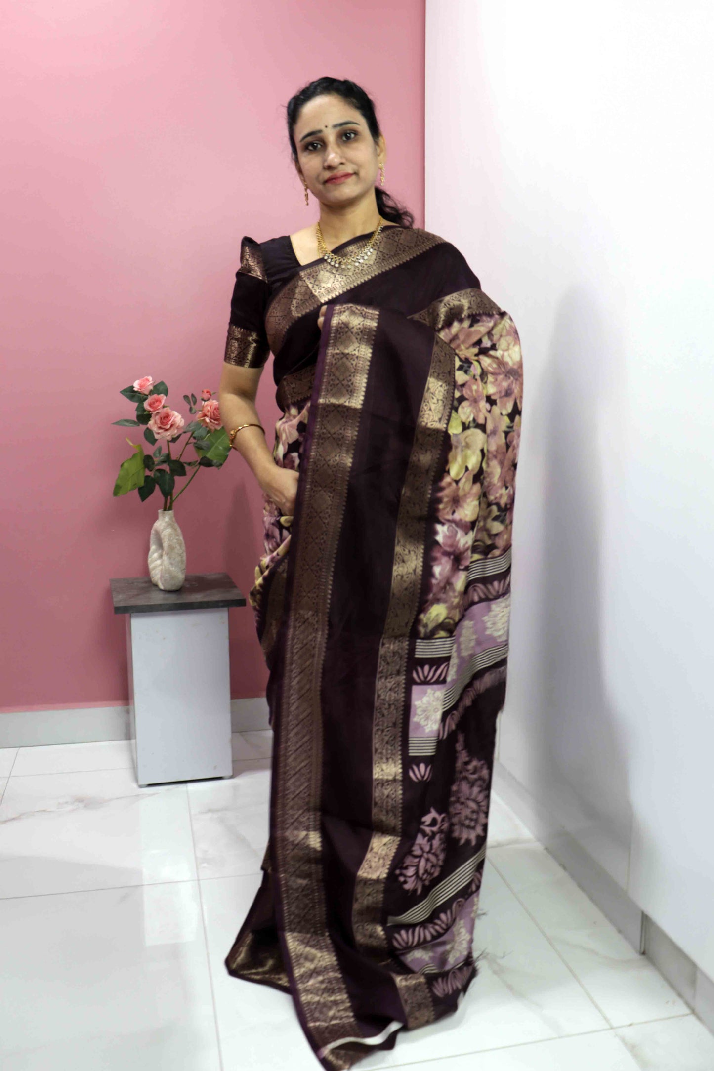 Dark Brown Fancy Silk Saree With Jacquard Gap Border and Beautiful Floral Print