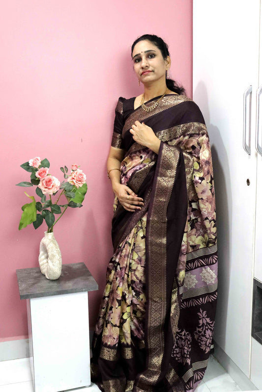 Dark Brown Fancy Silk Saree With Jacquard Gap Border and Beautiful Floral Print