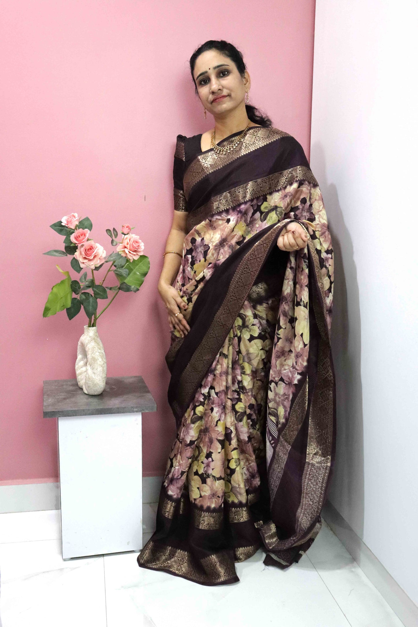 Dark Brown Fancy Silk Saree With Jacquard Gap Border and Beautiful Floral Print