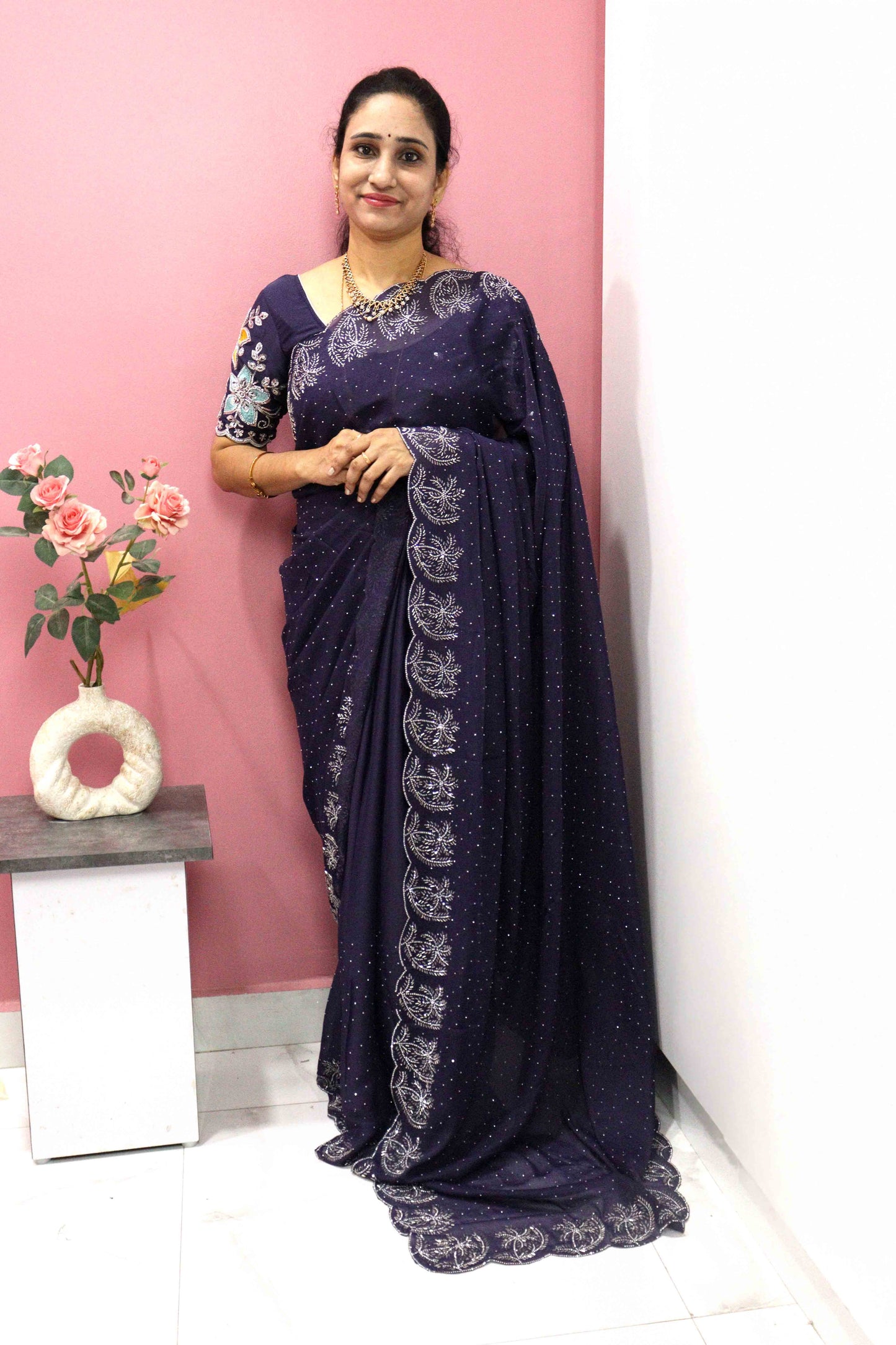 DCSS37 | Ink Blue Stone Work Silk Saree with Swarovski & Aari Blouse