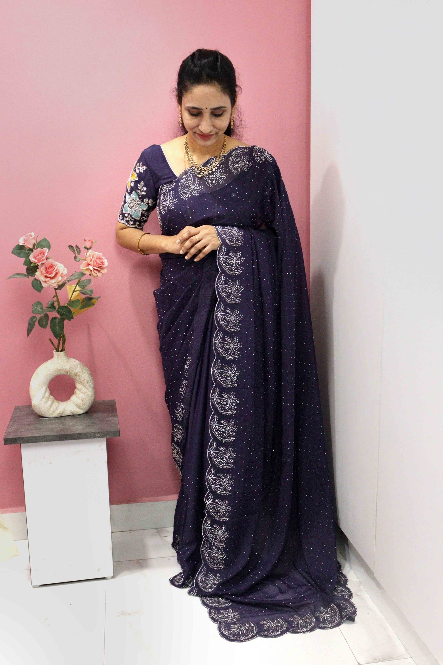 DCSS37 | Ink Blue Stone Work Silk Saree with Swarovski & Aari Blouse