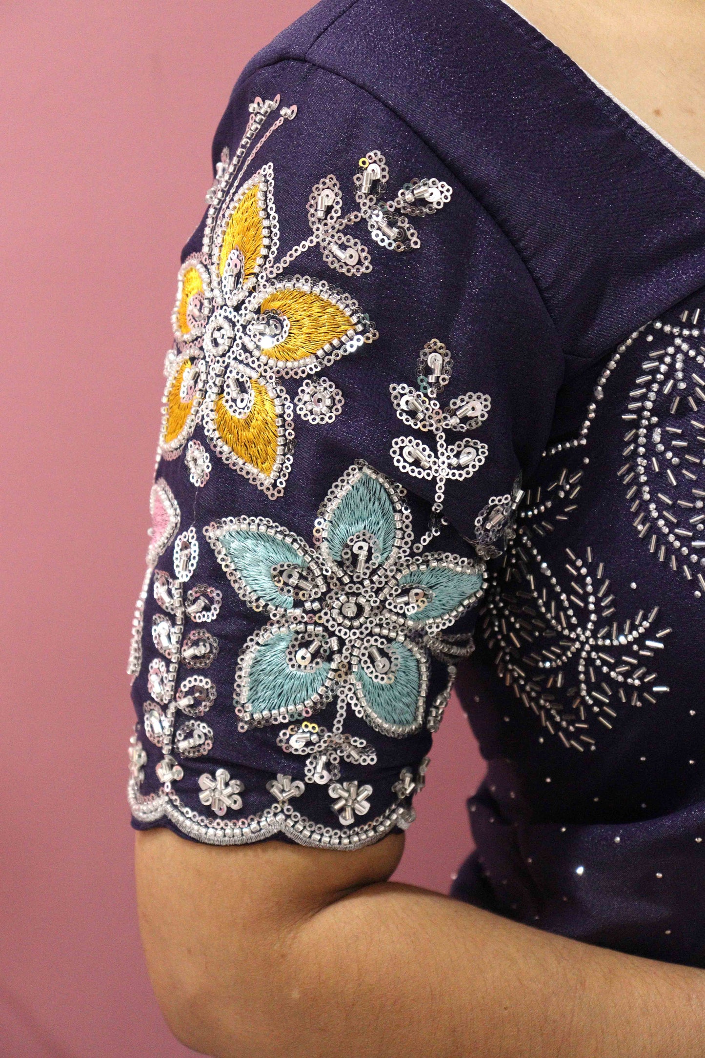 DCSS37 | Ink Blue Stone Work Silk Saree with Swarovski & Aari Blouse