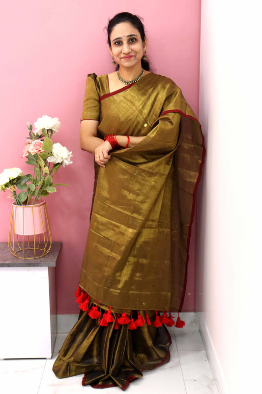 DC103 | Premium Khadi Cotton Dual Tone Tissue Saree with Gold Motifs & Ginni Handwork | Designer Tassels | Running Blouse