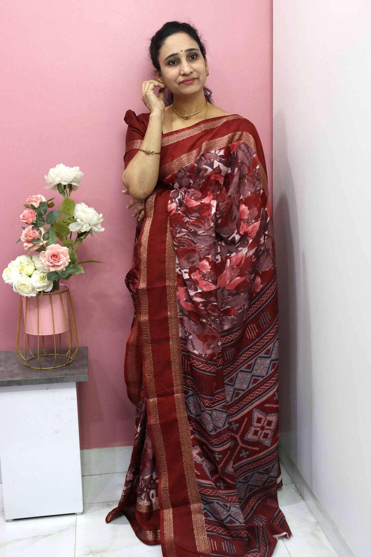 DC104 | Fancy Crushed Silk Saree with Contrast Gap Border & Running Blouse | Premium Soft Lightweight Saree