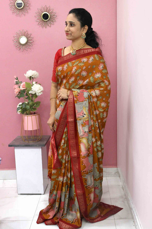 DC110 | Mangalagiri Soft Silk Saree with Gold Zari Border, Lotus & Cow Design | Running Blouse | 5 Colours