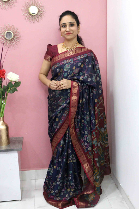 DC113 | Maheshwari Silk Saree with Kalamkari Print & Narayanapattu Hamsa Border | Running Blouse | 6 Colours
