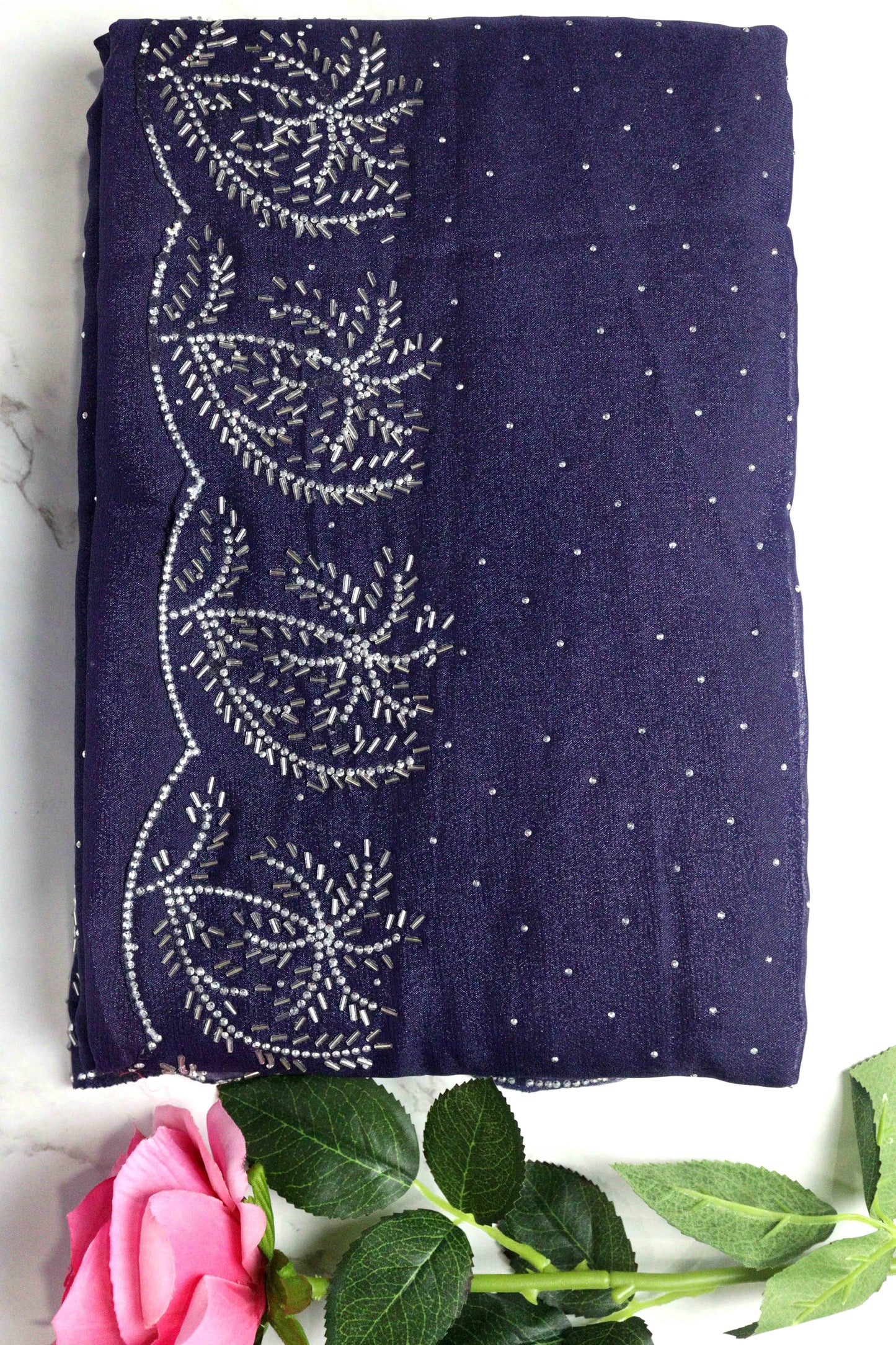 DCSS37 | Ink Blue Stone Work Silk Saree with Swarovski & Aari Blouse