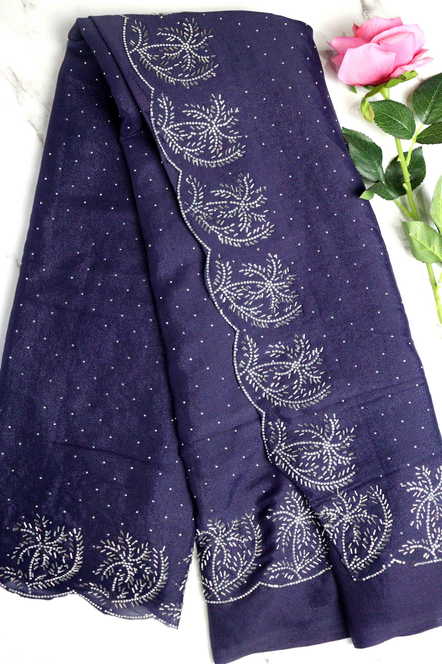 DCSS37 | Ink Blue Stone Work Silk Saree with Swarovski & Aari Blouse