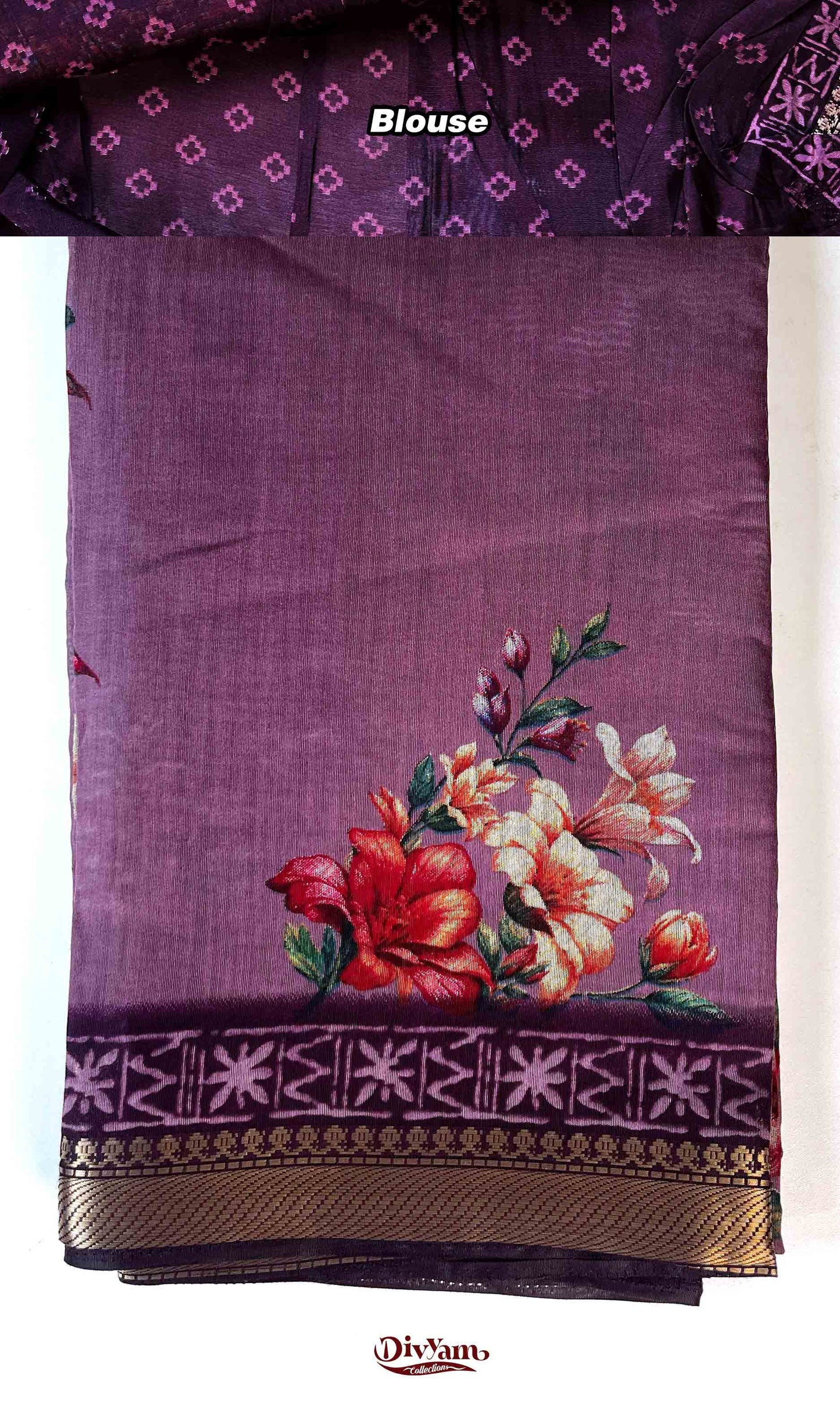 DC192 | Premium Maheshwari Silk Floral Print Saree with Nizampet Border & Contrast Blouse